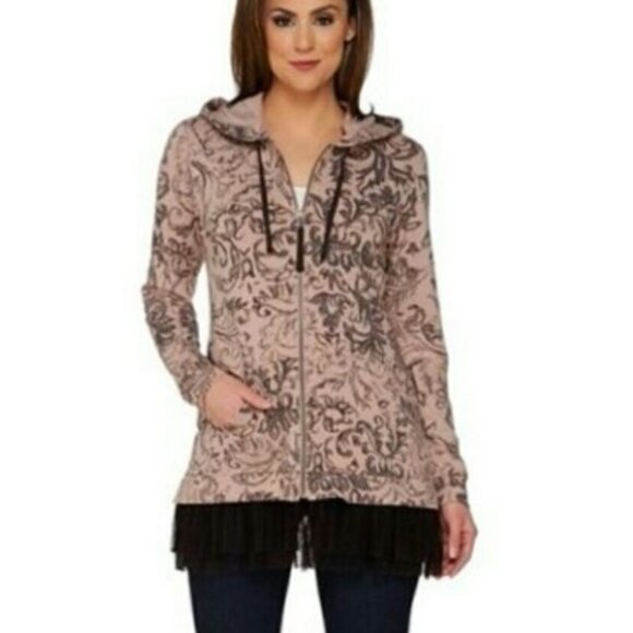 Logo Lounge Lori Goldstein Pink French Full Zip Hooded Jacket Lace Trim size  L - Picture 1 of 15